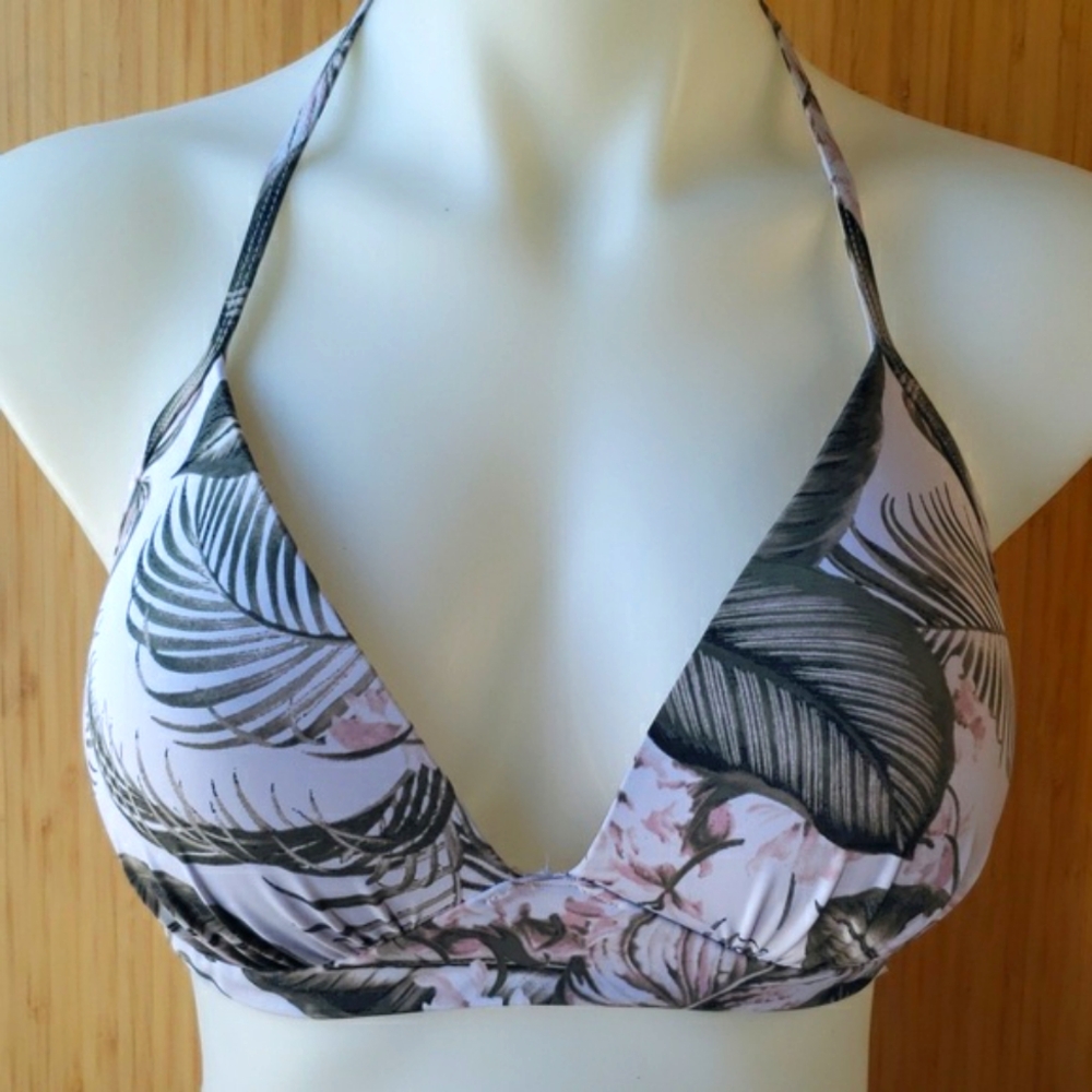 Tropical botanical fern leaf white and green bikini top